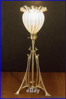 ARTS AND CRAFTS Brass Table Lamp with Benson Powell Vaseline Glass Shade c. 1900