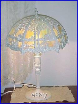 Arts&crafts ML Co. 233 Miller Slag Glass Lamp, Sky House Tree Scene, Polychromed