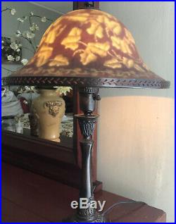 ARTS and CRAFT REVERSE GLASS TABLE LAMP 24 high x 14 wide Wine Gold Bronzed