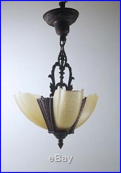 ART DECO 1920's BRONZE SLIP SHADES 3 LIGHT CEILING CHANDELIER FIXTURE LAMP