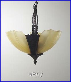 ART DECO 1920's BRONZE SLIP SHADES 3 LIGHT CEILING CHANDELIER FIXTURE LAMP
