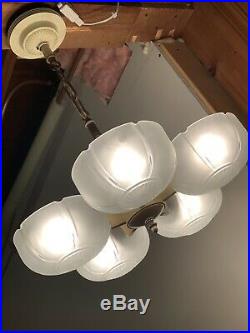 ART DECO ANTIQUE 5 SLIP SHADE CEILING LIGHT LAMP FIXTURE CHANDELIER MARKEL Wow