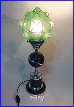 Art Deco Machine Age Chrome Black Saturn Lamp, Uranium Glass Green Star Shade