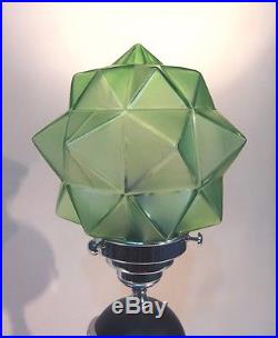 Art Deco Machine Age Chrome Black Saturn Lamp, Uranium Glass Green Star Shade