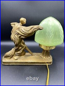 ART DECO METAL Lady Lamp Green Frosted Shade Works As It Should