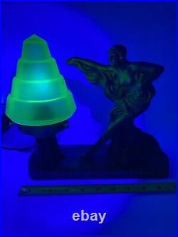 ART DECO METAL Lady Lamp Green Shade Glows Under Blacklight