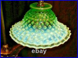 ART DECO VASELINE GLass SOLID BRASS DECORATED LAMP WithGREEN HOBNAIL shades