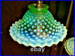 ART DECO VASELINE GLass SOLID BRASS DECORATED LAMP WithGREEN HOBNAIL shades