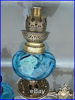 A Fine Quality Pair Of Blue Victorian Art Nouveau Sconce Oil Lamps