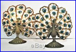 A Pair of Art Deco Bronze & Bohemian Crystal Peacock Nightstand Lamps, Ca. 1920s