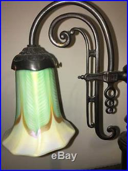Absolutely Stunning Tall Victorian Lamp with signed Art Glass Quezal Shades
