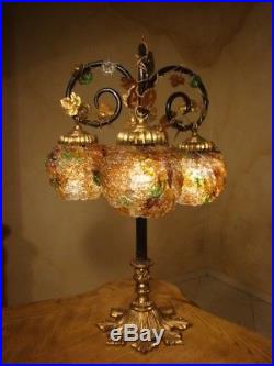 Amazing Old Art Nouveau Brass & Glass Lamp 3 Czech Blossoms Shades