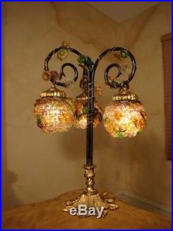 Amazing Old Art Nouveau Brass & Glass Lamp 3 Czech Blossoms Shades