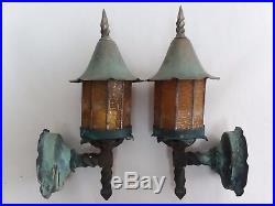 Antique 14 Arts & Crafts Copper Leaded Glass Porch Lights Exterior Lamp Sconces