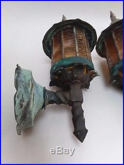 Antique 14 Arts & Crafts Copper Leaded Glass Porch Lights Exterior Lamp Sconces