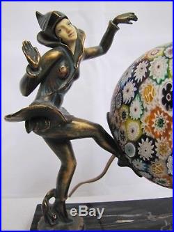 Antique 1920 Beautiful Art Deco Lady Figural lamp with Millefiori glass ball shade