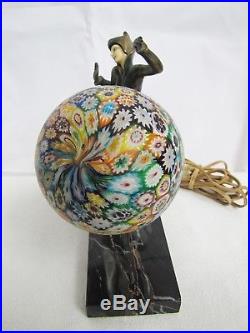 Antique 1920 Beautiful Art Deco Lady Figural lamp with Millefiori glass ball shade