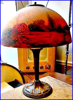 Antique 1920's Reverse Glass Painted Shade Table Lamp-Cottage in the Woods Scene