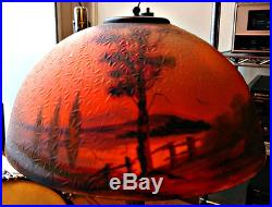 Antique 1920's Reverse Glass Painted Shade Table Lamp-Cottage in the Woods Scene