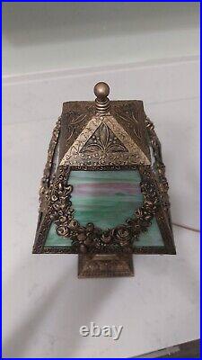 Antique 1920's Spelter Pink Green Slag Glass Boudoir Lamp