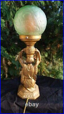Antique 1920s 1930s Art Deco Egyptian Revival Table Lamp Ice Green Shade