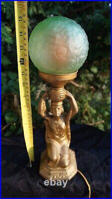 Antique 1920s 1930s Art Deco Egyptian Revival Table Lamp Ice Green Shade