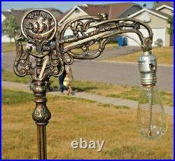 Antique 1920s 30s Art Deco Jadite Glass Metal Brushed Brass Bronze Floor Lamp