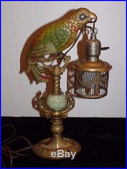Antique 1930s Art Deco Cast Polychrome Parrot Lamp Holding Cage Slag Glass Works