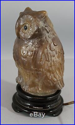 Antique 1930s Tiffin-Franciscan Figural OWL Bird Art Glass Lamp, Original Base