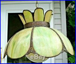 Antique 1940s 60s Ornate Trim Slag Art HTF GREEN Glass Electric Hanging Lamp