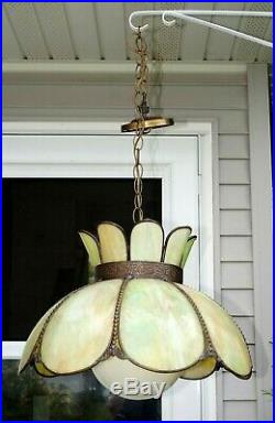 Antique 1940s 60s Ornate Trim Slag Art HTF GREEN Glass Electric Hanging Lamp