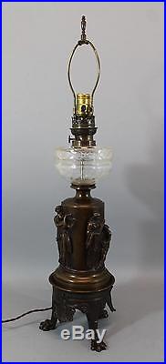 Antique 19thC Classical Bronze, Cut Glass Converted Kerosene/Electric Table Lamp