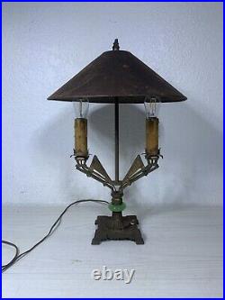 Antique 22 Jadeite Glass Bronze Art Deco 2 Socket Lamp Metal Shade