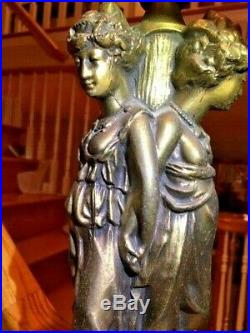 Antique 3 Graces Art Nouveau Deco Figural Ladies Lamp Original Flame Shade Newel