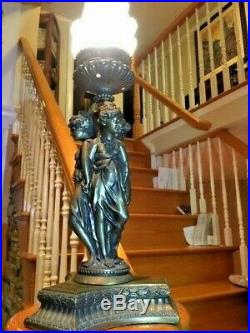 Antique 3 Graces Art Nouveau Deco Figural Ladies Lamp Original Flame Shade Newel