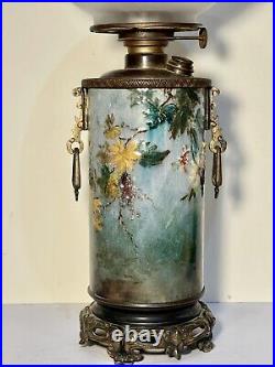 Antique AESTHETIC ART POTTERY & Bronze1890's Victorian Painted Kerosene Oil Lamp