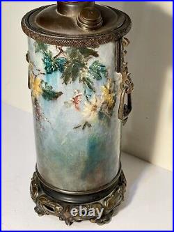 Antique AESTHETIC ART POTTERY & Bronze1890's Victorian Painted Kerosene Oil Lamp
