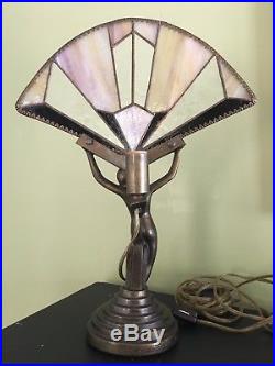 Antique ART DECO Chandler II backlit bronze nude lady lamp with stained glass