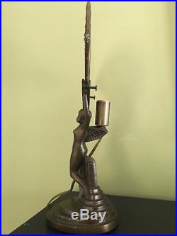 Antique ART DECO Chandler II backlit bronze nude lady lamp with stained glass