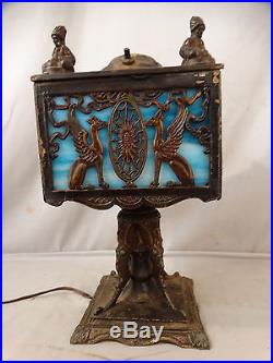 Antique ART DECO Era WINGED GRIFFIN & INDIAN STATUE Figural SLAG GLASS Old LAMP