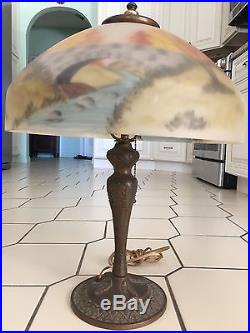 Antique ART NOUVEAU Bronze Reverse Painted Glass Shade 2 light Table Lamp