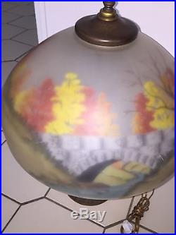Antique ART NOUVEAU Bronze Reverse Painted Glass Shade 2 light Table Lamp