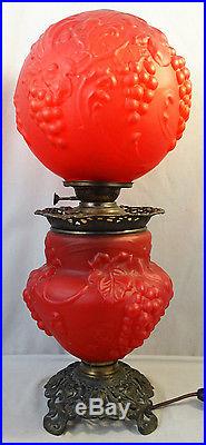 Antique ART NOUVEAU Era RUBY RED Glass GRAPEVINE Pattern Victorian BANQUET LAMP