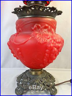 Antique ART NOUVEAU Era RUBY RED Glass GRAPEVINE Pattern Victorian BANQUET LAMP