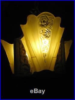 Antique Architectural Art Deco Chandelier Lamp Glass Slip Shade Ceiling Lighting
