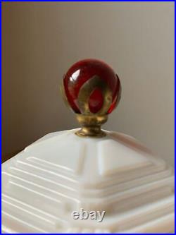 Antique Art Deco 1920's Milk Glass Bedside Lamp with Hand Painted Glass Shade