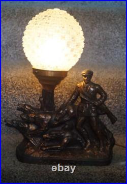 Antique Art Deco 1930s THE HUNTER Spelter Figural Lamp & Diamond Point Shade