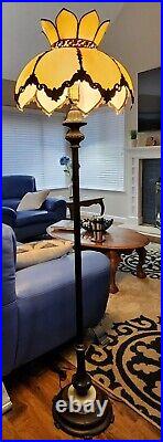 Antique Art Deco 1940s Brass Floor Lamp with Tiffany Slag Shade / Ivory accent