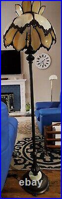 Antique Art Deco 1940s Brass Floor Lamp with Tiffany Slag Shade / Ivory accent
