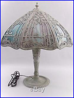 Antique Art Deco 8 Panel Blue Slag Glass Table Lamp